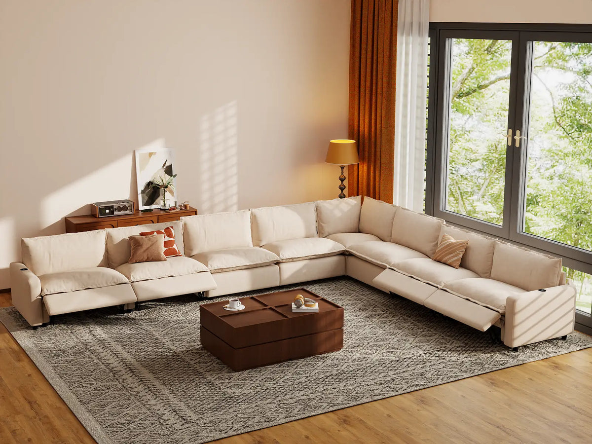 Modular Cero Reclining Sectionals | 8-Piece Beige Linen Open Space V-Shaped Sectionals 8-Seater