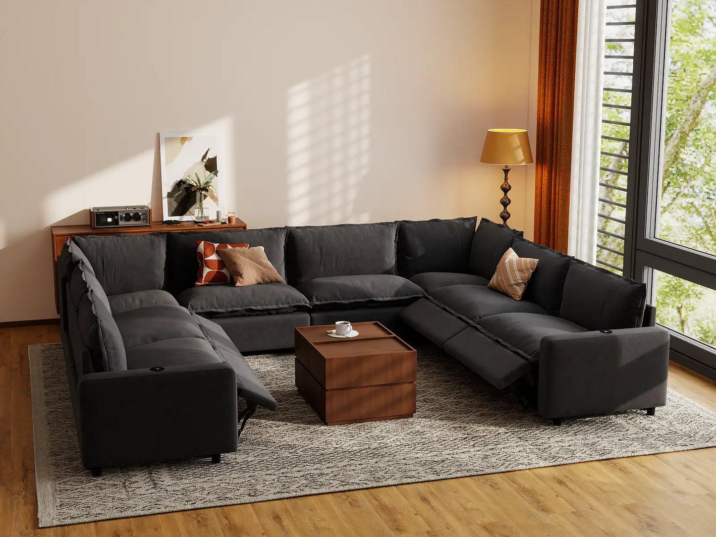 Modular Cero Reclining Sectionals | 8-Piece Grey Linen Grand Estate U-Shaped Sectionals 8-Seater