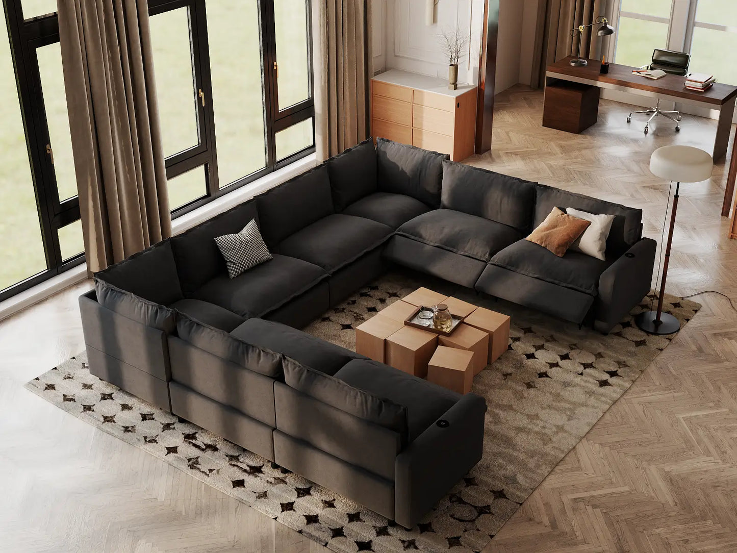 Modular Cero Reclining Sectionals | 8-Piece Grey Linen Grand Estate U-Shaped Sectionals 8-Seater