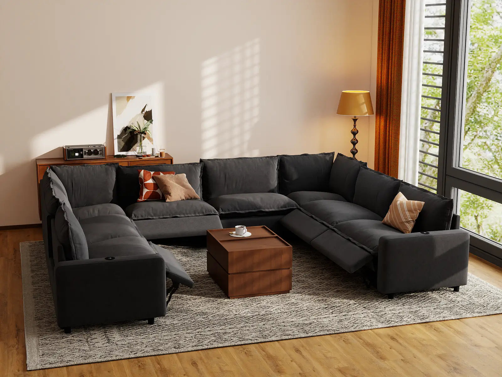 Modular Cero Electric Reclining Sectional | 8-Piece Grey Linen Grand Estate U-Shaped Sectionals 8-Seater