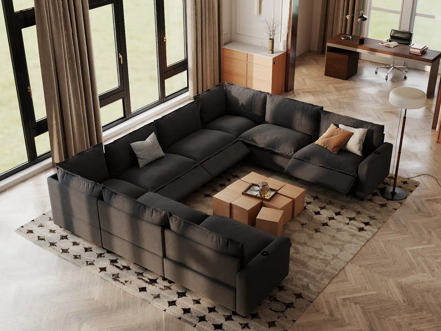 Modular Cero Reclining Sectionals | 8-Piece Grey Linen Grand Estate U-Shaped Sectionals 8-Seater