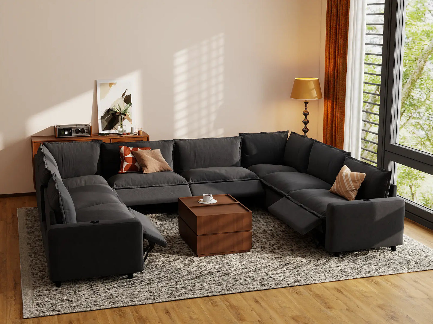 Modular Cero Electric Reclining Sectional | 8-Piece Grey Linen Grand Estate U-Shaped Sectionals 8-Seater
