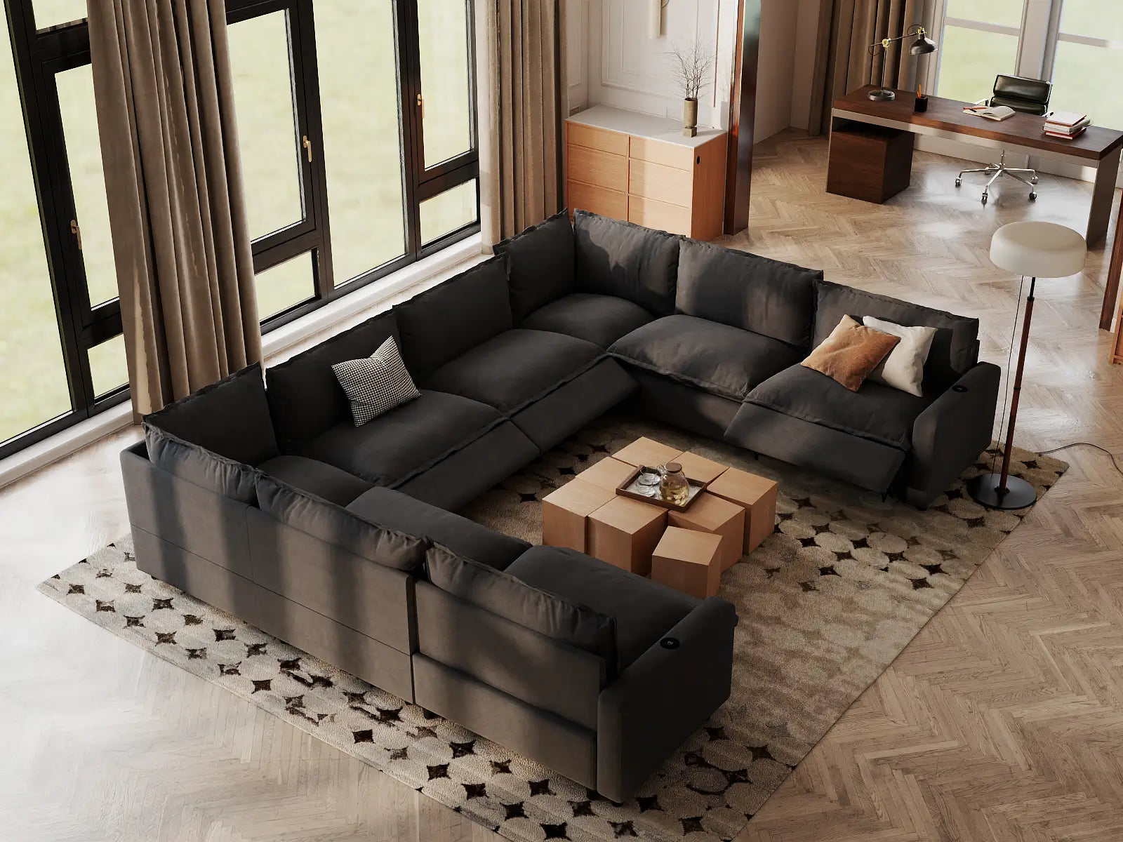 Modular Cero Electric Reclining Sectional | 8-Piece Grey Linen Grand Estate U-Shaped Sectionals 8-Seater