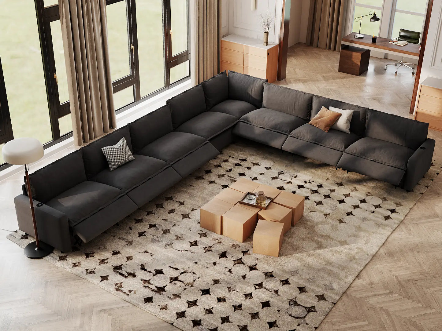 Modular Cero Reclining Sectionals | 8-Piece Grey Linen Grand Estate V-Shaped Sectionals 8-Seater