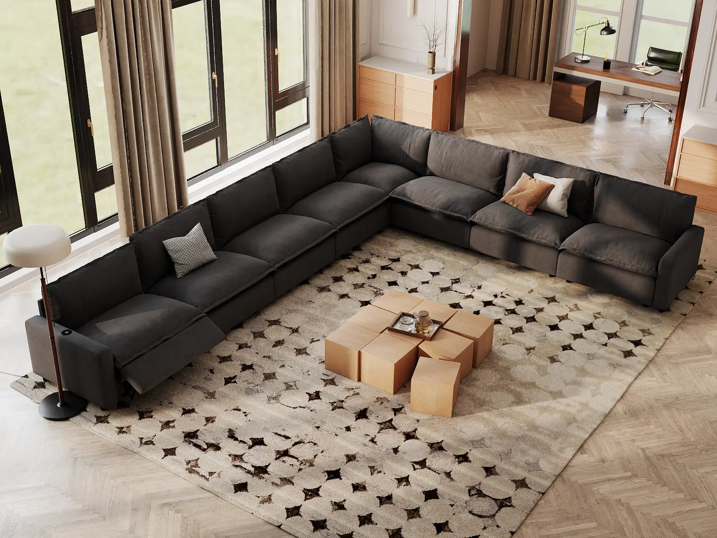 Modular Cero Reclining Sectionals | 8-Piece Grey Linen Grand Estate V-Shaped Sectionals 8-Seater