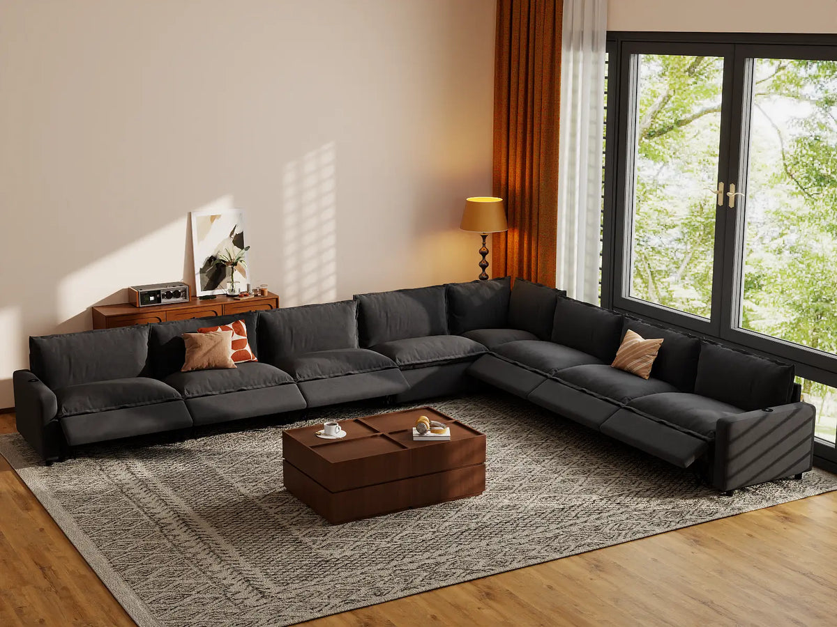 Modular Cero Reclining Sectionals | 8-Piece Grey Linen Grand Estate V-Shaped Sectionals 8-Seater
