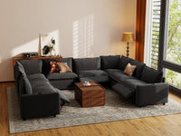 Modular Cero Sectional Couch and Recliner | 8-Piece Grey Linen Open Space U-Shaped Sectionals 8-Seater