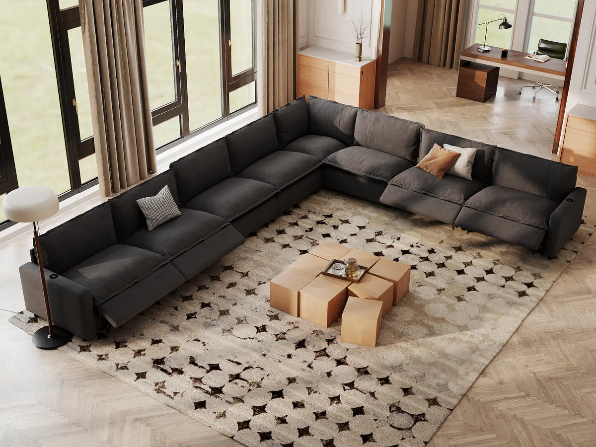 Modular Cero Reclining Sectionals | 8-Piece Grey Linen Open Space V-Shaped Sectionals 8-Seater
