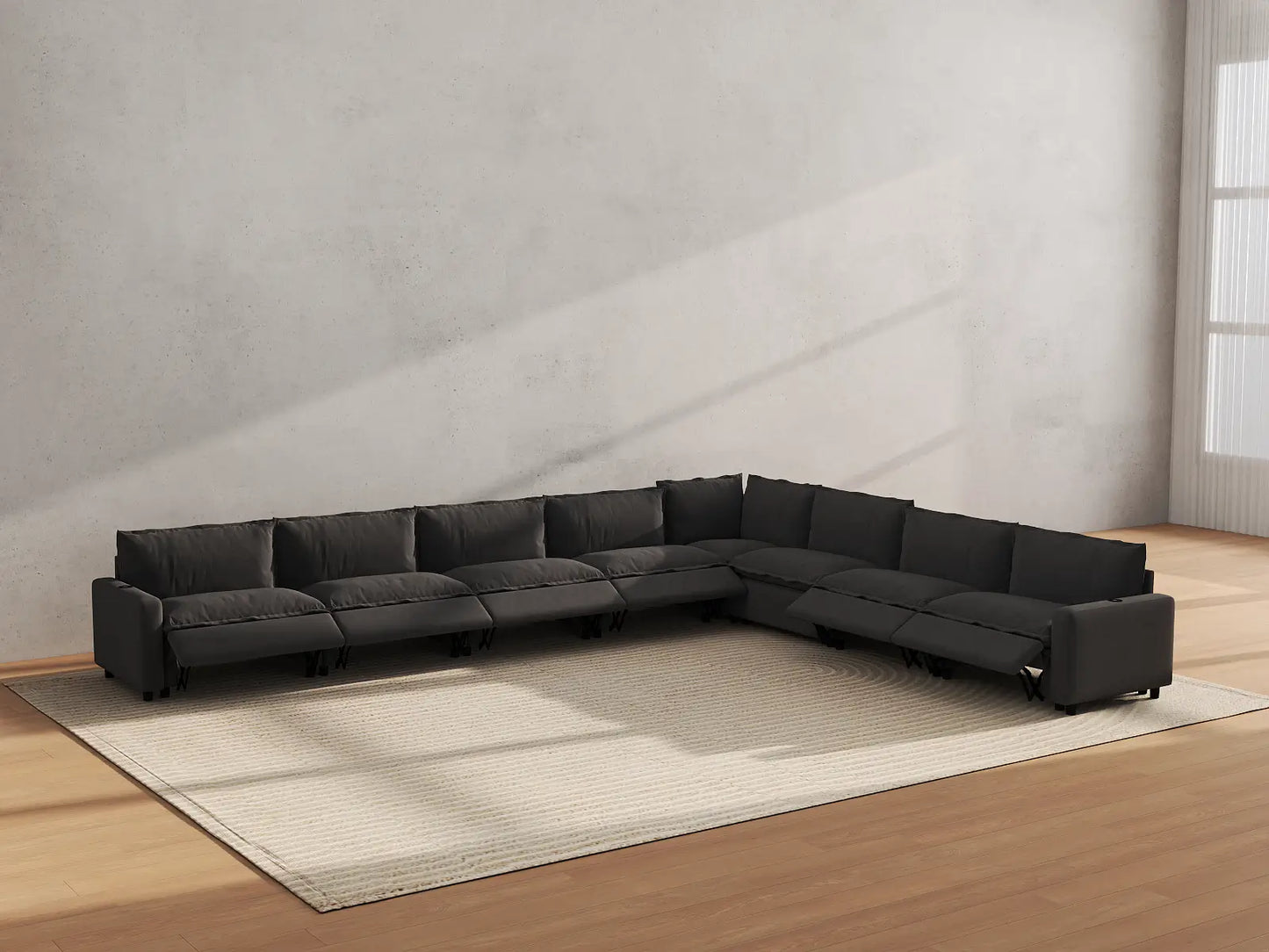 Modular Cero Reclining Sectionals | 8-Piece Grey Linen Open Space V-Shaped Sectionals 8-Seater