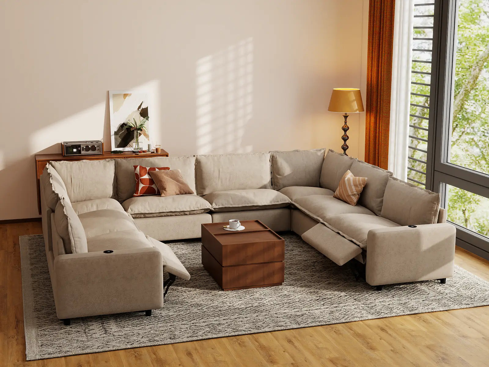 Modular Cero Sectional Reclining Sofa | 8-Piece Khaki Linen Grand Estate U-Shaped Sectionals 8-Seater