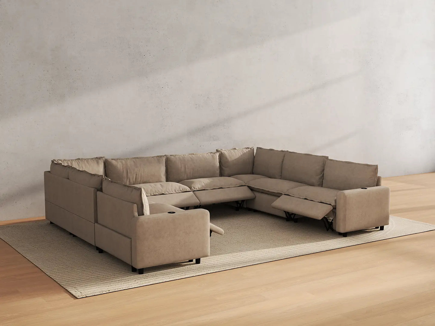 Modular Cero Power Recliner Sectional | 8-Piece Khaki Linen Grand Estate U-Shaped Sectionals 8-Seater