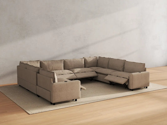 Modular Cero Reclining Sectionals | 8-Piece Khaki Linen Grand Estate U-Shaped Sectionals 8-Seater