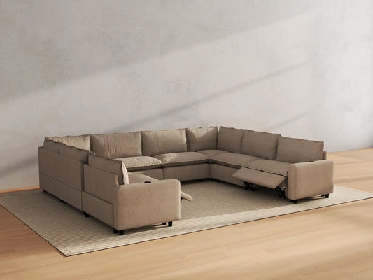 Modular Cero Reclining Sectionals | 8-Piece Khaki Linen Grand Estate U-Shaped Sectionals 8-Seater