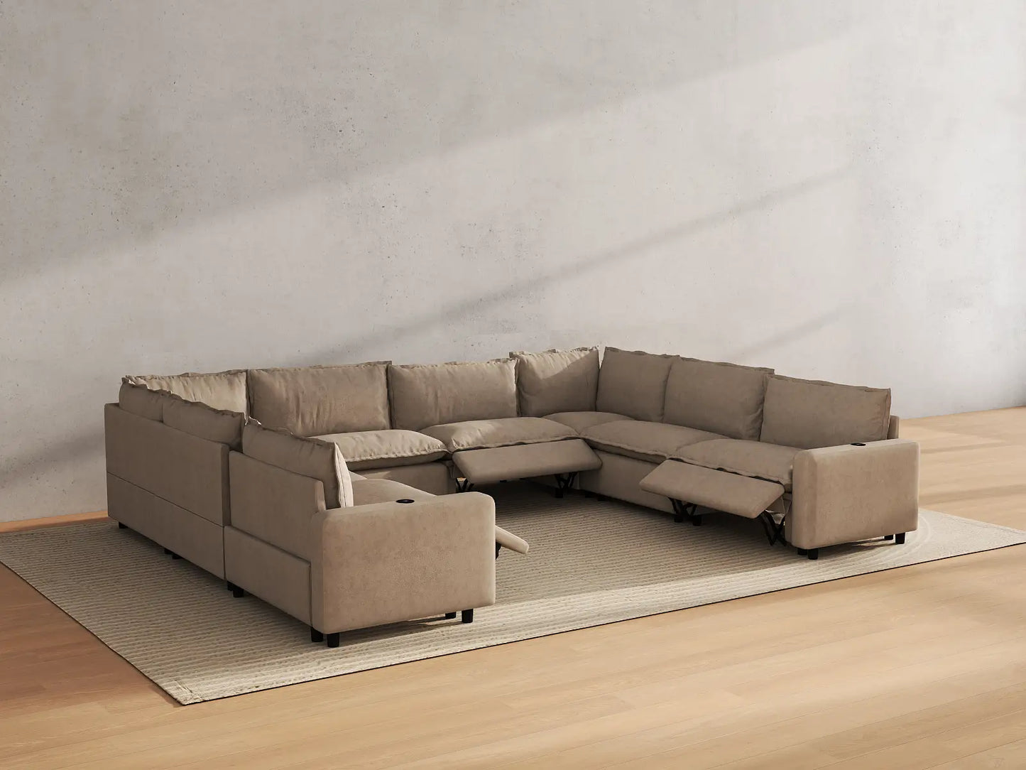 Modular Cero Sectional Reclining Couch | 8-Piece Khaki Linen Grand Estate U-Shaped Sectionals 8-Seater