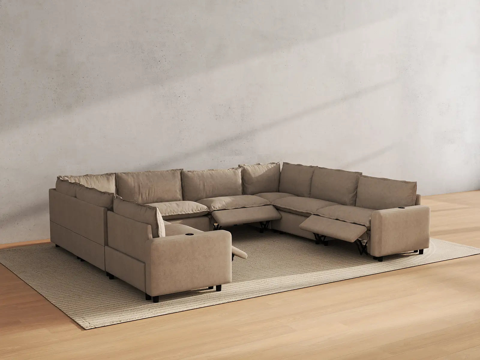 Modular Cero Sectional Reclining Couch | 8-Piece Khaki Linen Grand Estate U-Shaped Sectionals 8-Seater