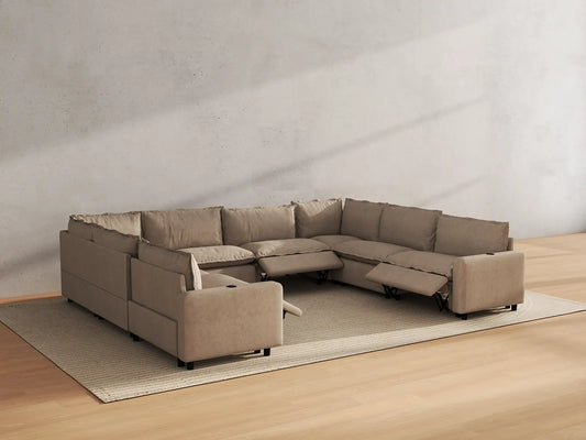 Modular Cero Reclining Sectionals | 8-Piece Khaki Linen Grand Estate U-Shaped Sectionals 8-Seater