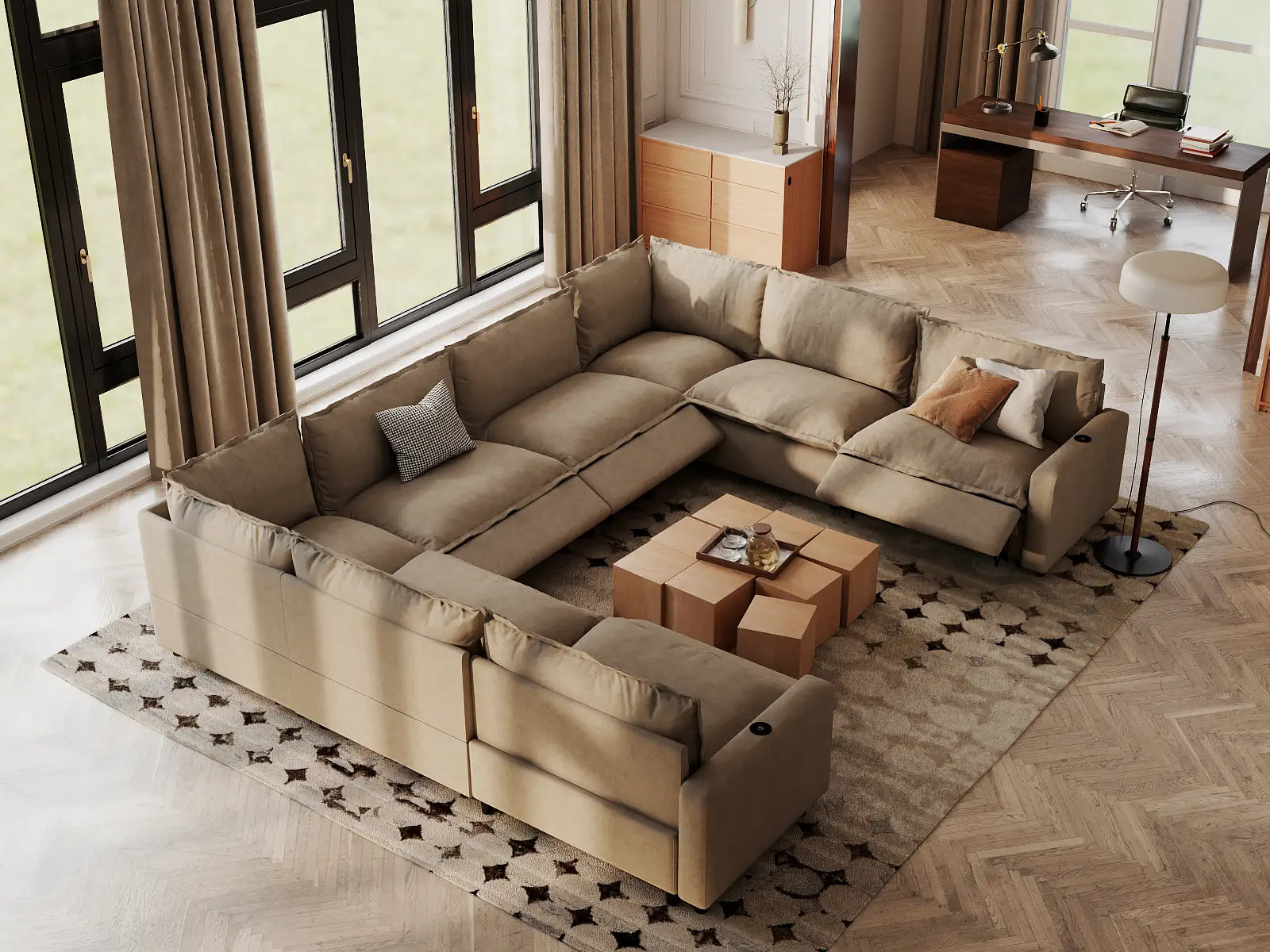 Modular Cero Power Recliner Sectional | 8-Piece Khaki Linen Grand Estate U-Shaped Sectionals 8-Seater