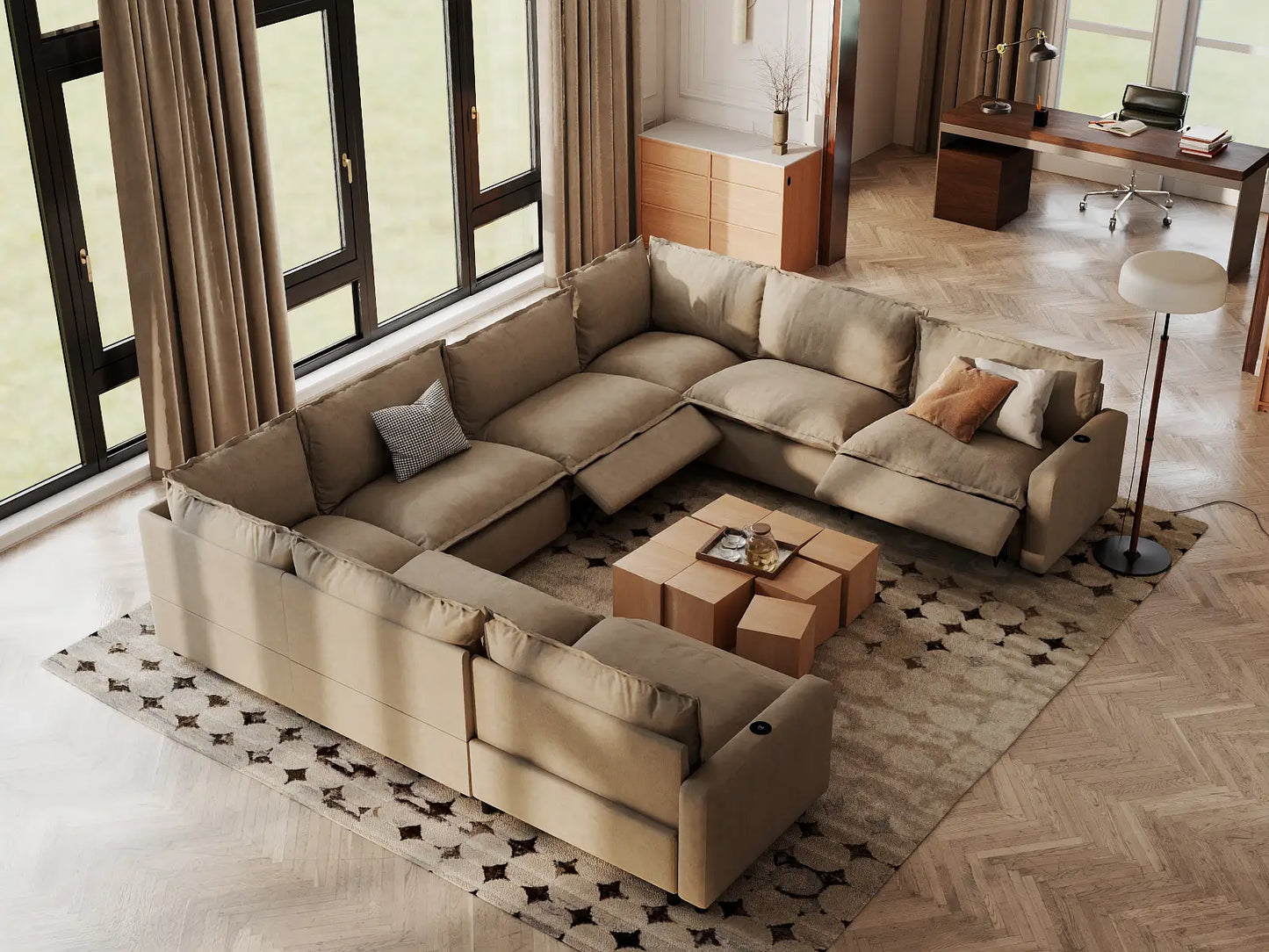 Modular Cero Sectional Reclining Couch | 8-Piece Khaki Linen Grand Estate U-Shaped Sectionals 8-Seater
