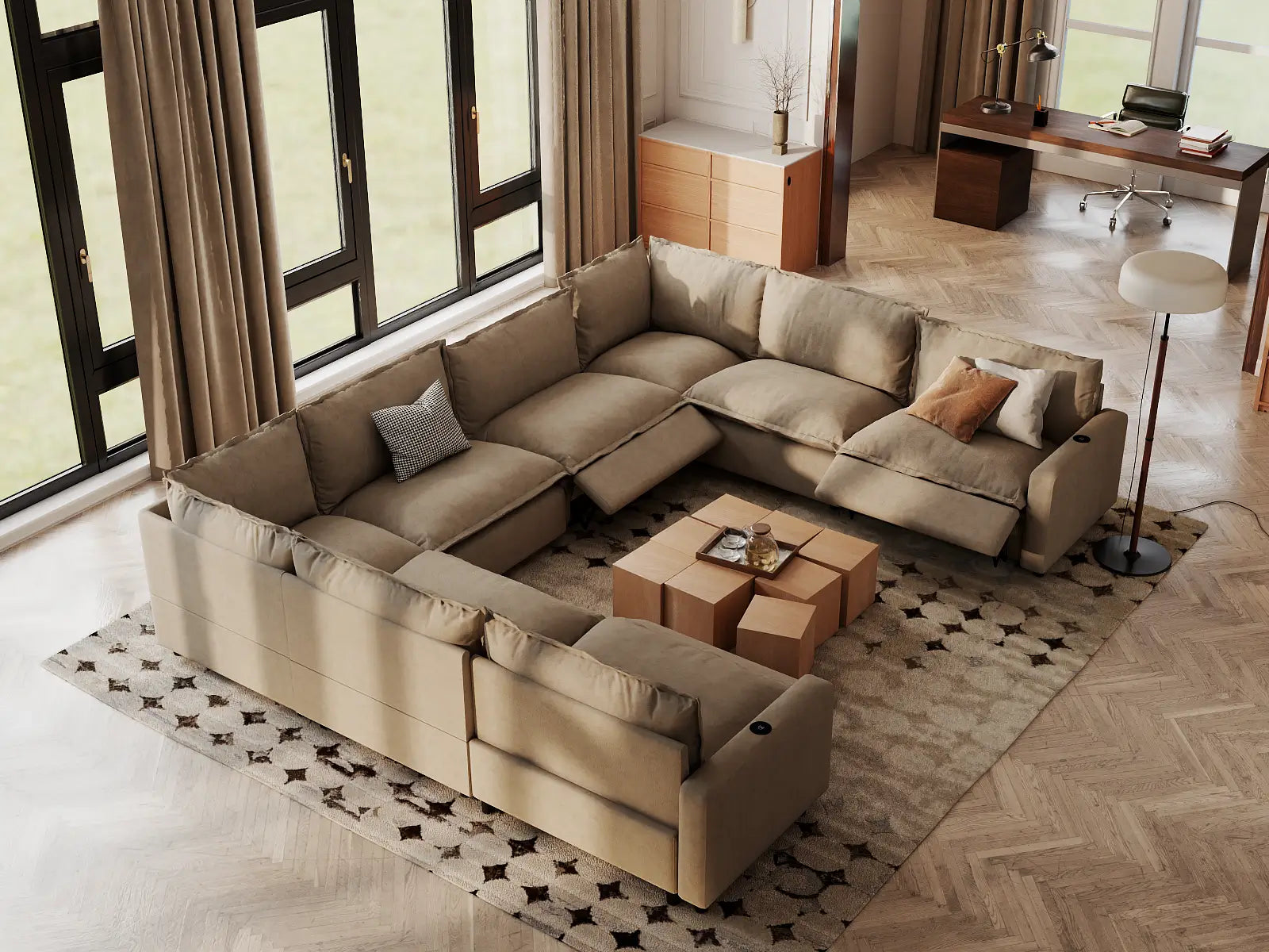 Modular Cero Sectional Reclining Couch | 8-Piece Khaki Linen Grand Estate U-Shaped Sectionals 8-Seater