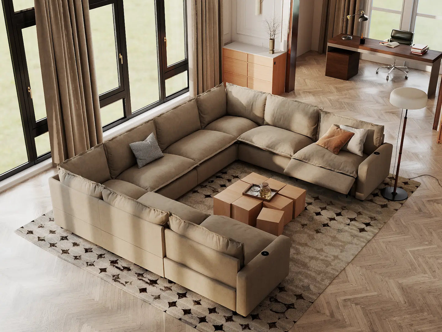 Modular Cero Sectional Reclining Sofa | 8-Piece Khaki Linen Grand Estate U-Shaped Sectionals 8-Seater