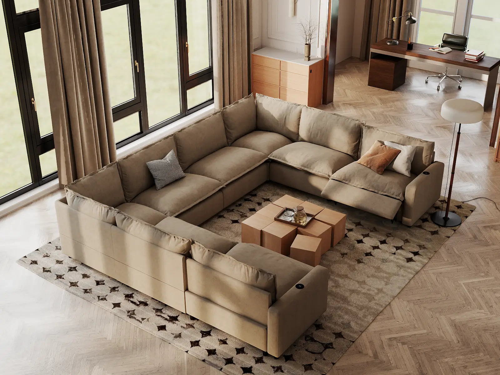 Modular Cero Sectional Reclining Sofa | 8-Piece Khaki Linen Grand Estate U-Shaped Sectionals 8-Seater