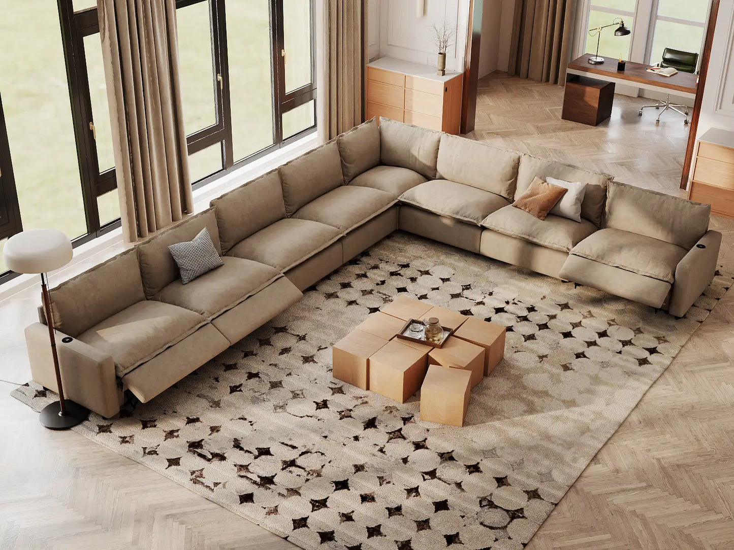 Modular Cero Reclining Sectionals | 8-Piece Khaki Linen Grand Estate V-Shaped Sectionals 8-Seater