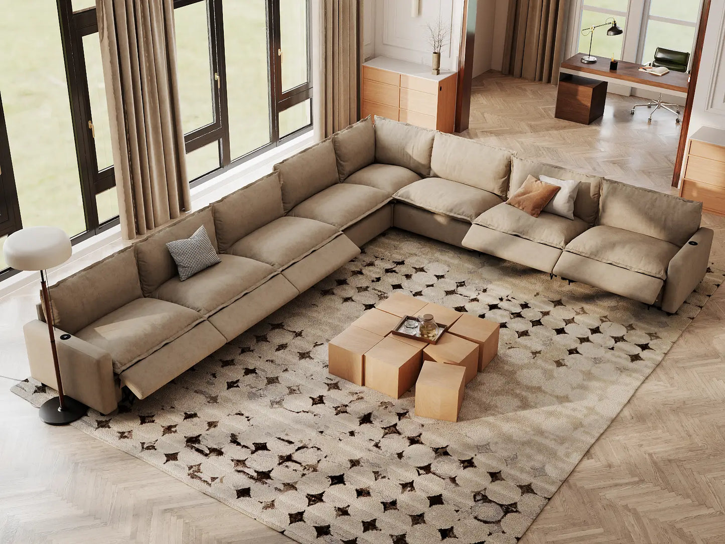 Modular Cero Reclining Sectionals | 8-Piece Khaki Linen Grand Estate V-Shaped Sectionals 8-Seater