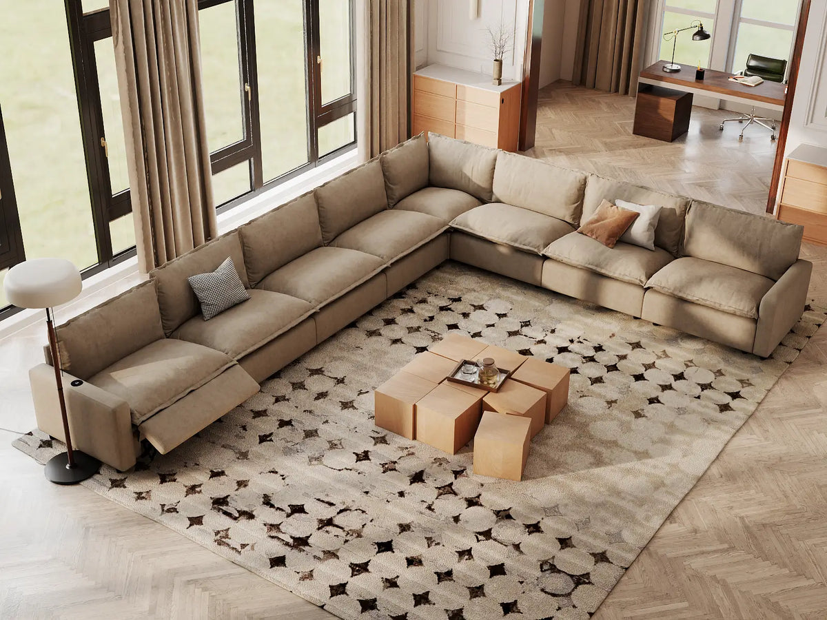 Modular Cero Reclining Sectionals | 8-Piece Khaki Linen Grand Estate V-Shaped Sectionals 8-Seater
