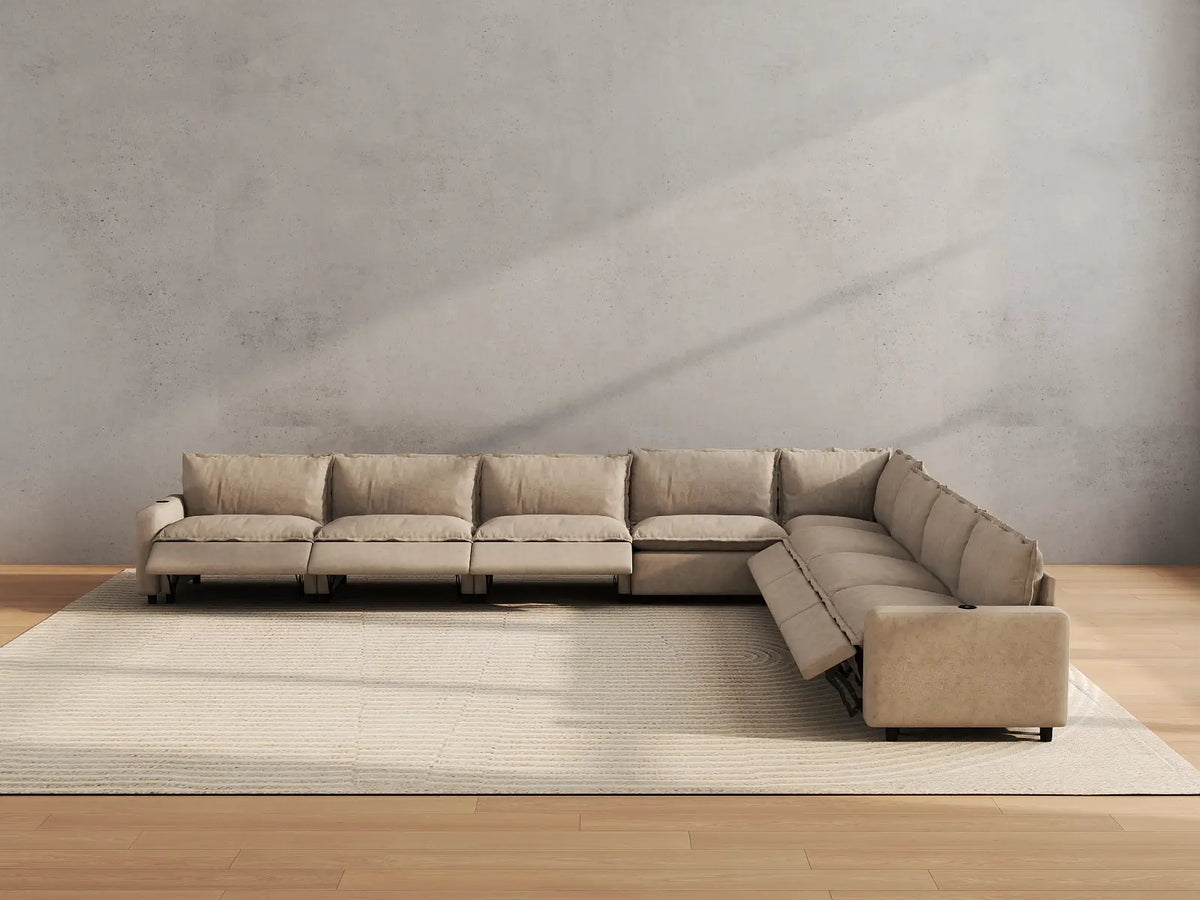 Modular Cero Reclining Sectionals | 8-Piece Khaki Linen Grand Estate V-Shaped Sectionals 8-Seater
