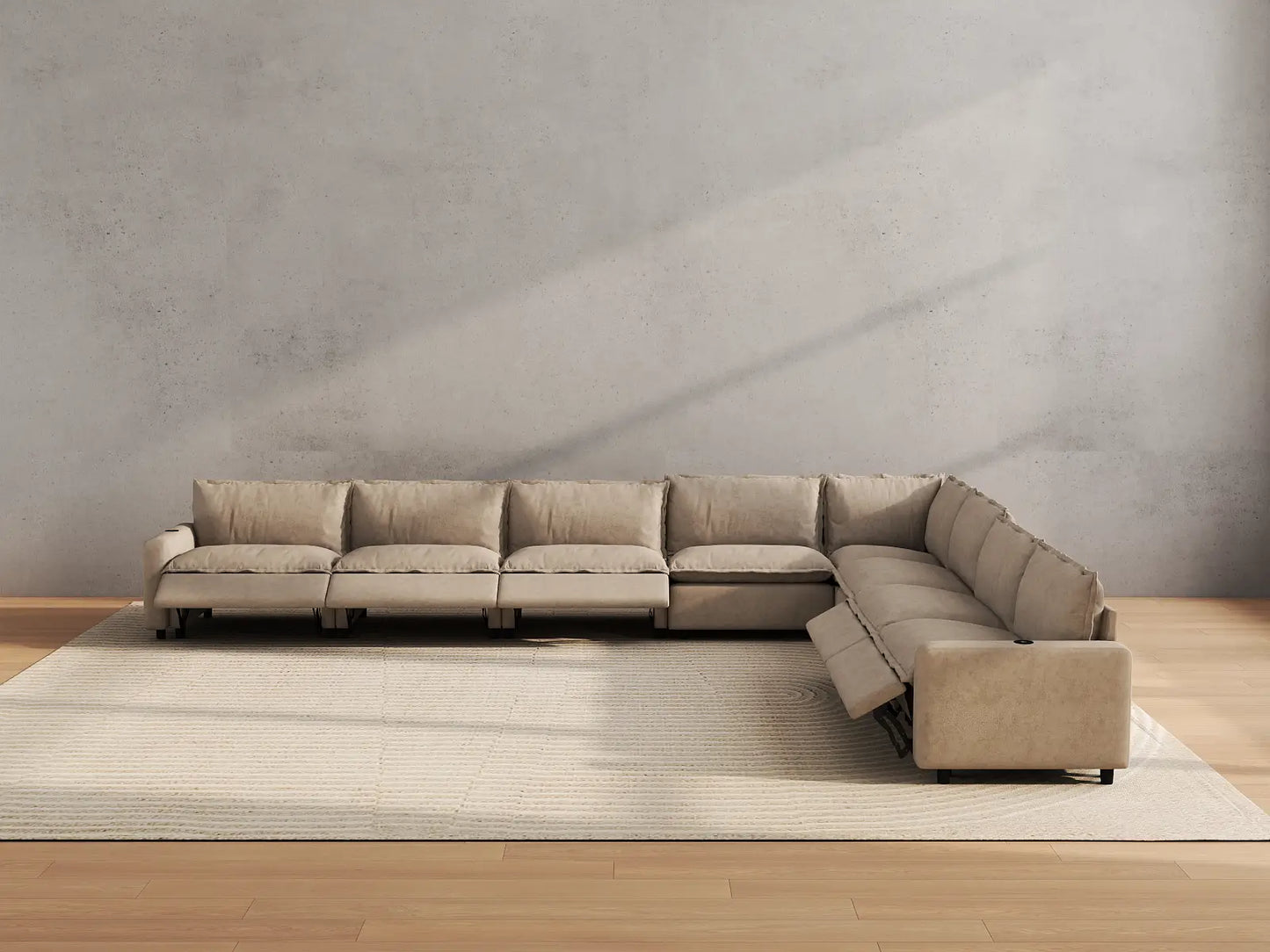 Modular Cero Reclining Sectionals | 8-Piece Khaki Linen Grand Estate V-Shaped Sectionals 8-Seater
