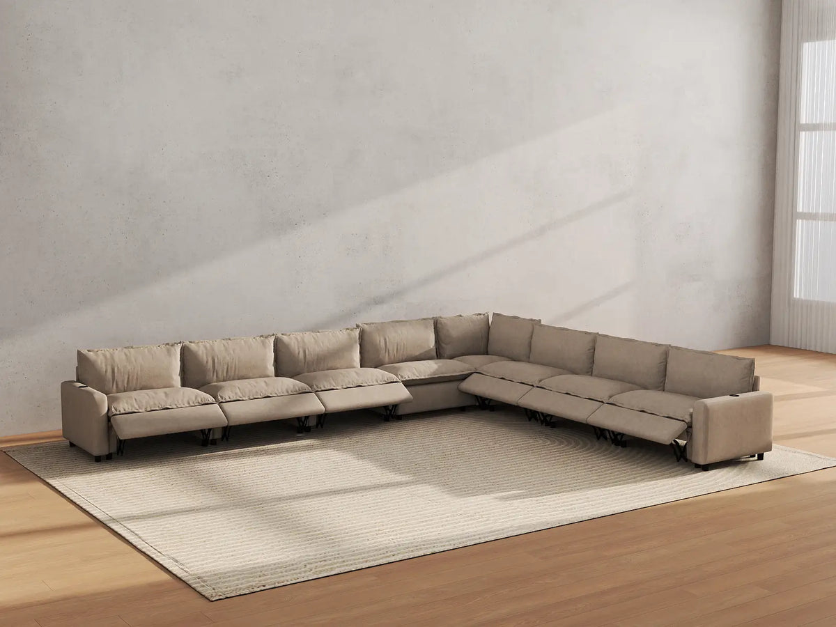 Modular Cero Reclining Sectionals | 8-Piece Khaki Linen Grand Estate V-Shaped Sectionals 8-Seater