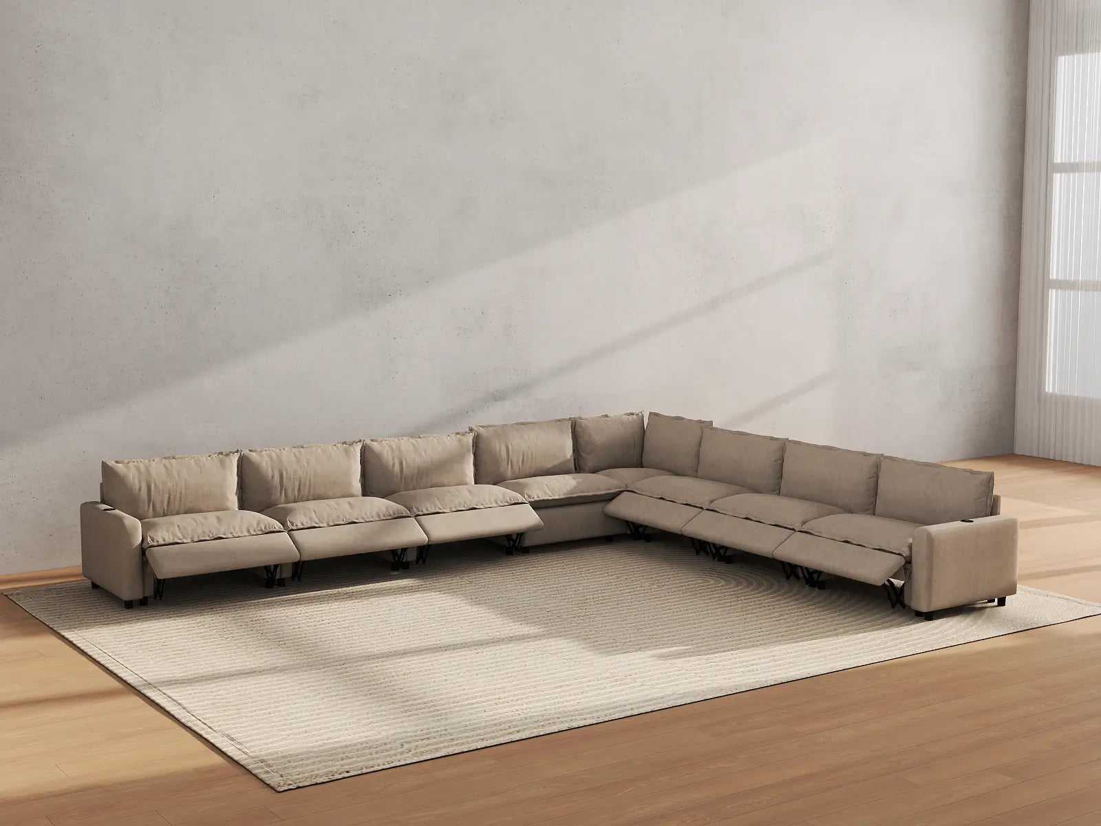 Modular Cero Contemporary Reclining Sectional | 8-Piece Khaki Linen Grand Estate V-Shaped Sectionals 8-Seater