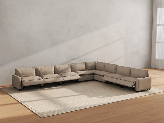 Modular Cero Reclining Sectionals | 8-Piece Khaki Linen Grand Estate V-Shaped Sectionals 8-Seater