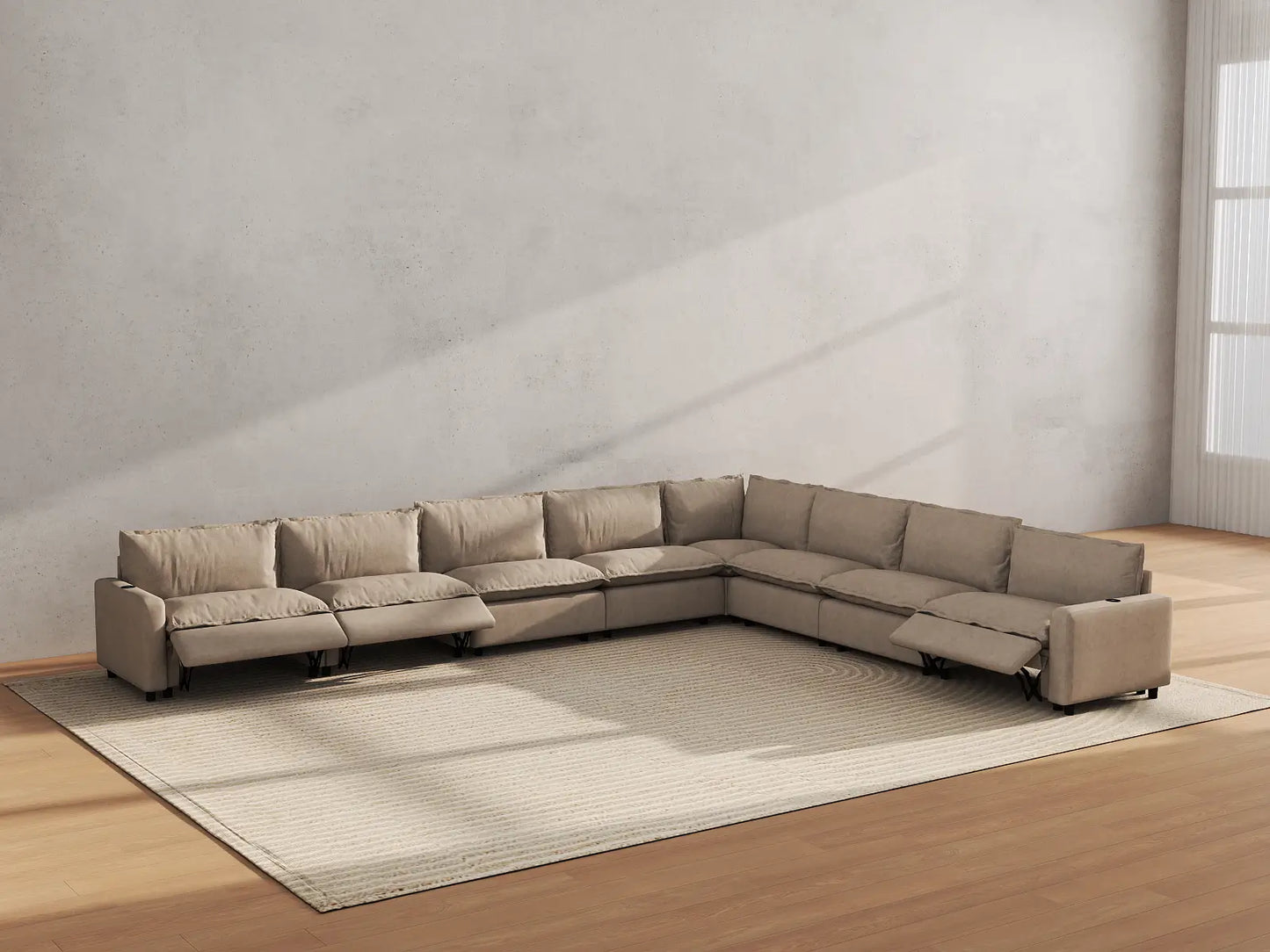 Modular Cero Reclining Sectionals | 8-Piece Khaki Linen Grand Estate V-Shaped Sectionals 8-Seater