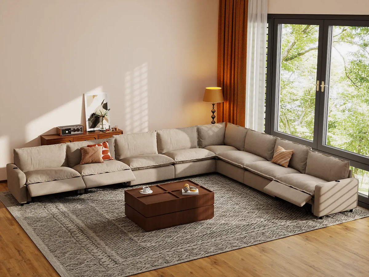 Modular Cero Reclining Sectionals | 8-Piece Khaki Linen Grand Estate V-Shaped Sectionals 8-Seater