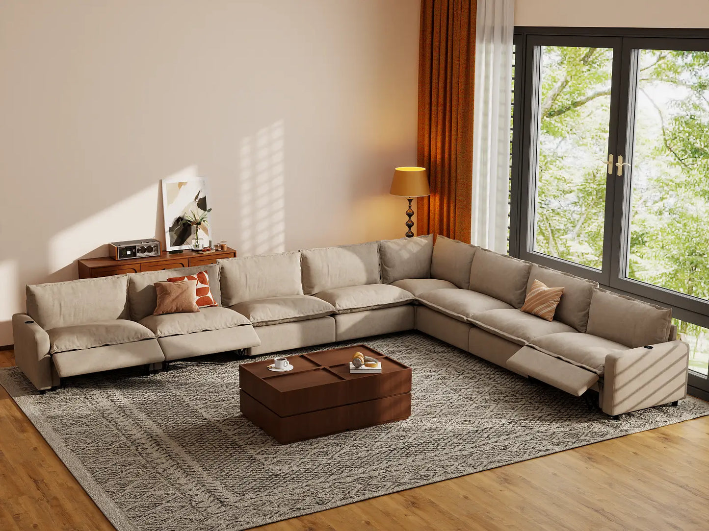 Modular Cero Reclining Sectionals | 8-Piece Khaki Linen Grand Estate V-Shaped Sectionals 8-Seater