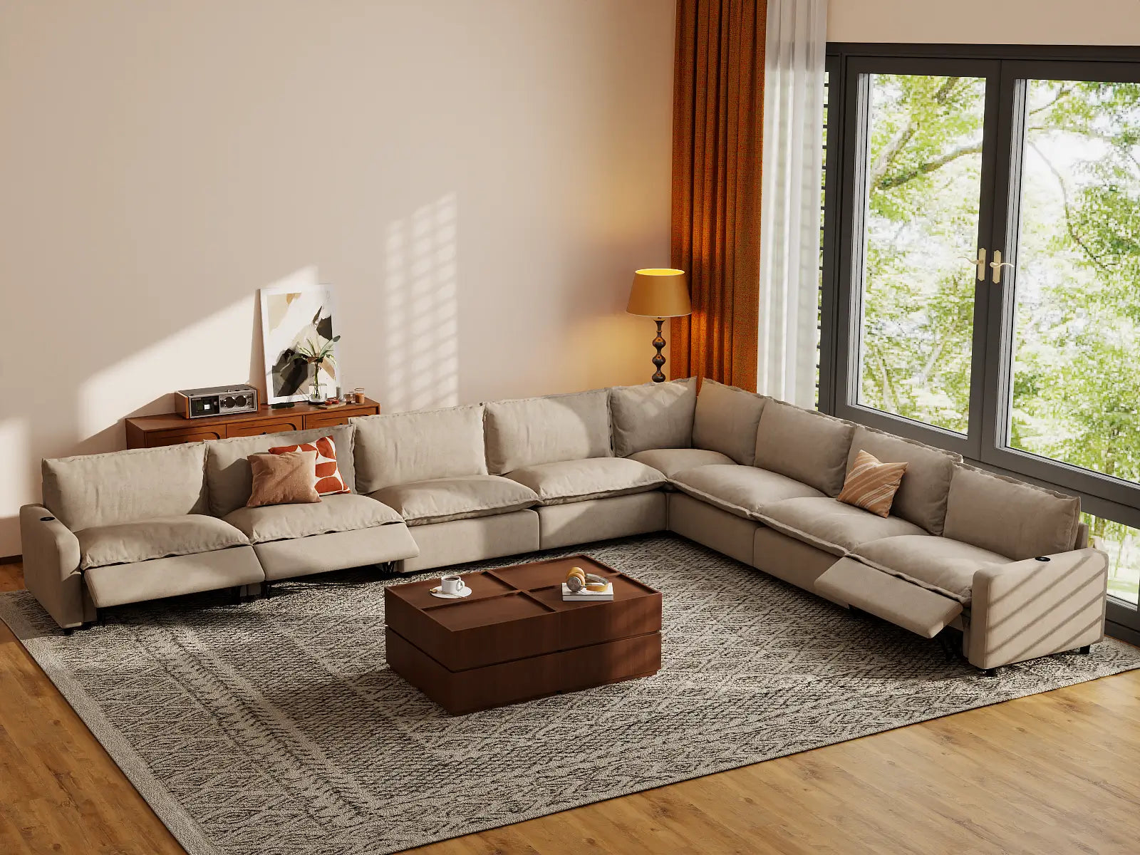 Modular Cero Sectional Couch and Recliner | 8-Piece Khaki Linen Grand Estate V-Shaped Sectionals 8-Seater