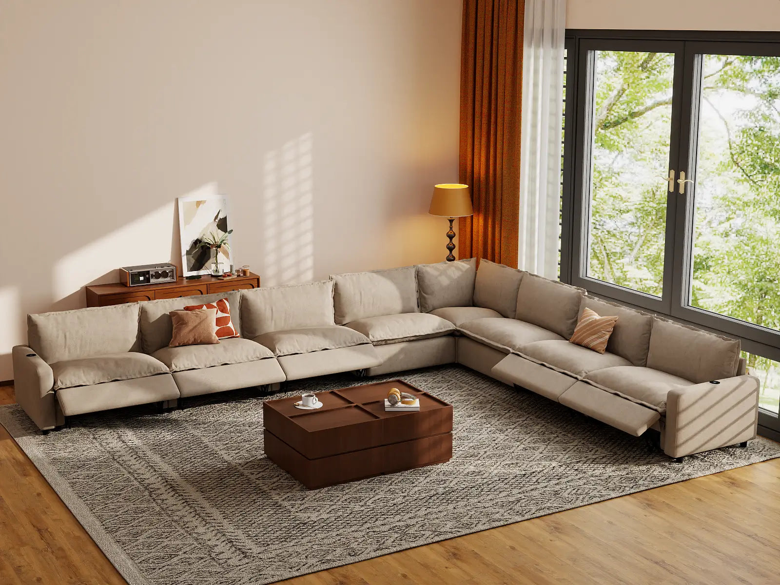 Modular Cero Sectional Couch Recliner | 8-Piece Khaki Linen Grand Estate V-Shaped Sectionals 8-Seater