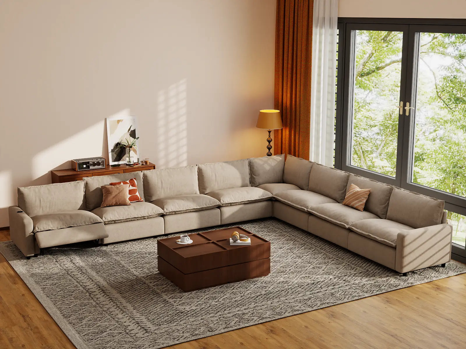 Modular Cero Power Recliner Sectional | 8-Piece Khaki Linen Grand Estate V-Shaped Sectionals 8-Seater