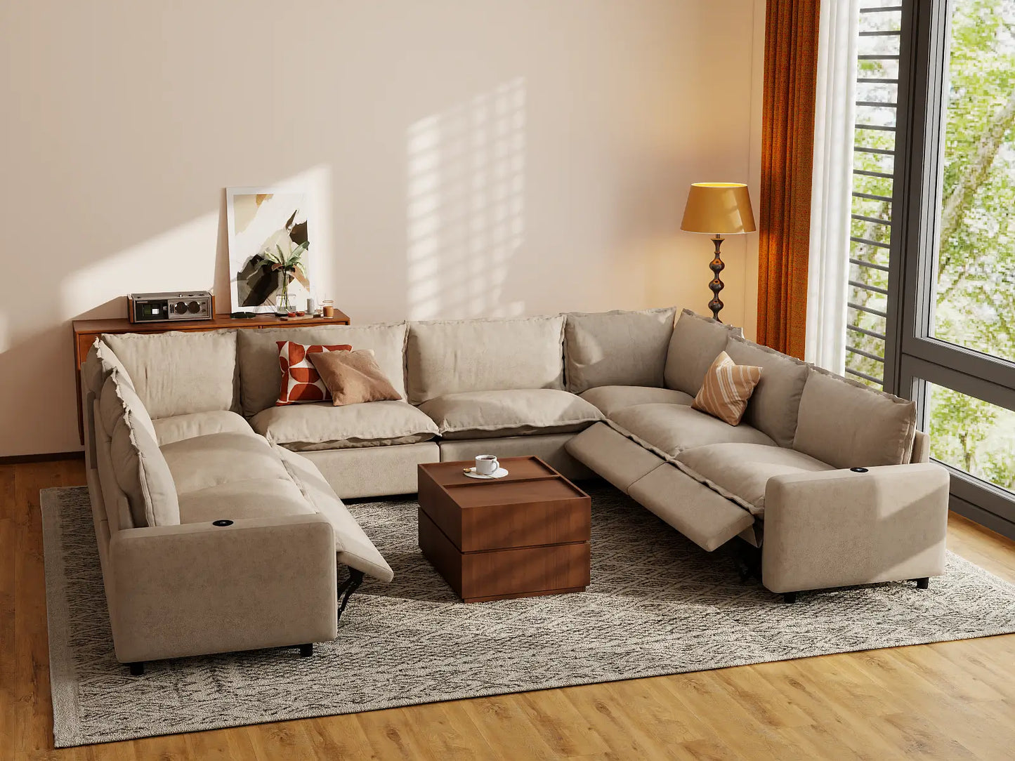 Modular Cero Reclining Sectionals | 8-Piece Khaki Linen Open Space U-Shaped Sectionals 8-Seater