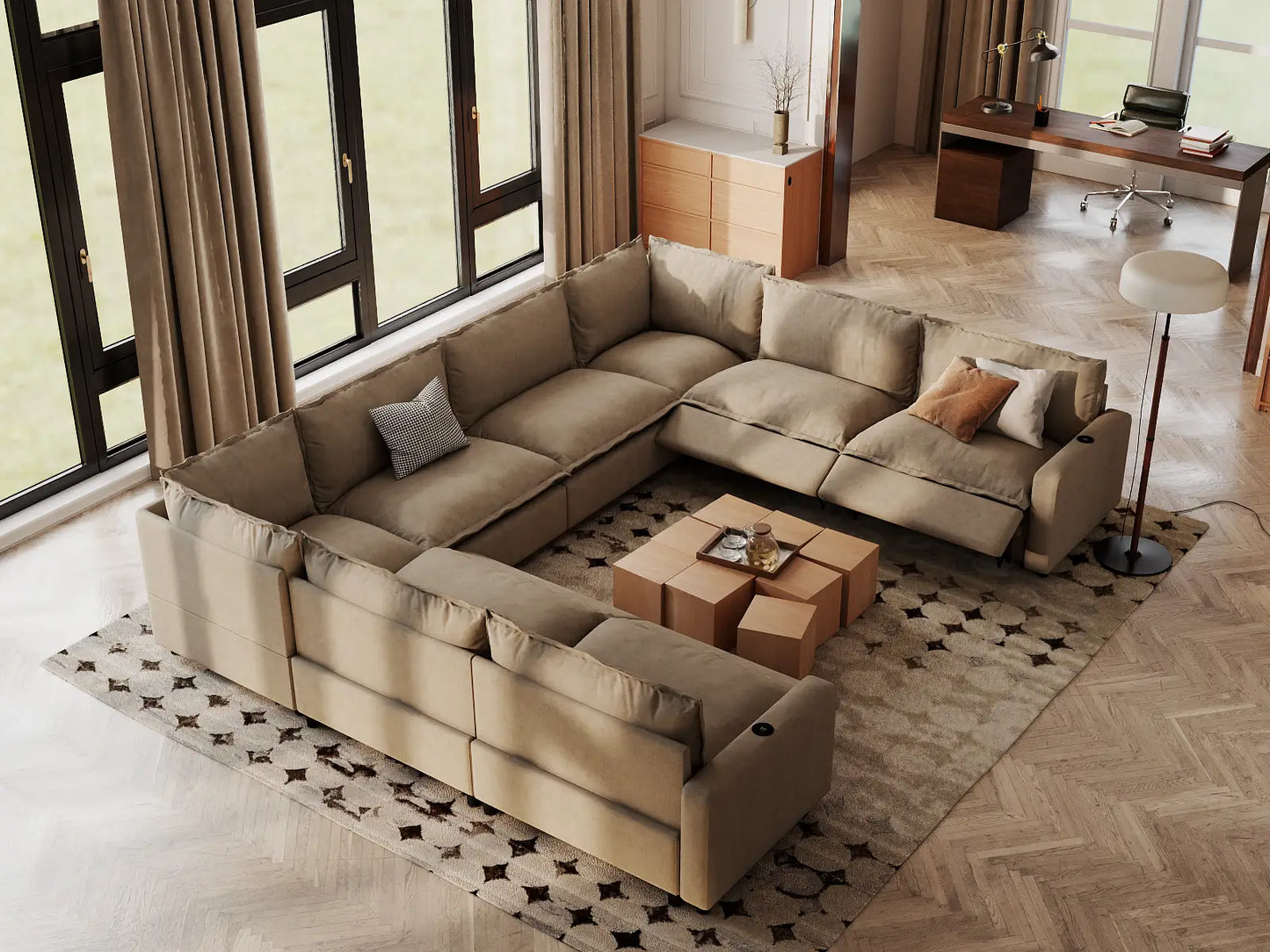 Modular Cero Reclining Sectionals | 8-Piece Khaki Linen Open Space U-Shaped Sectionals 8-Seater