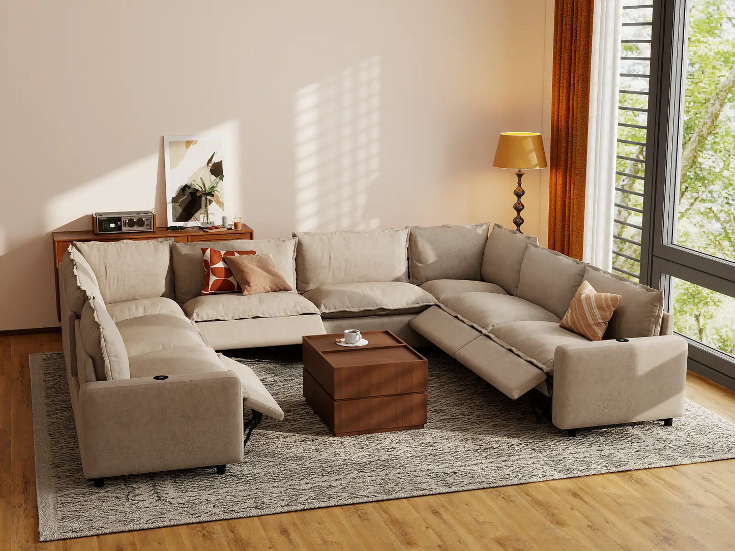 Modular Cero U Shaped Sectional Recliner | 8-Piece Khaki Linen Open Space U-Shaped Sectionals 8-Seater