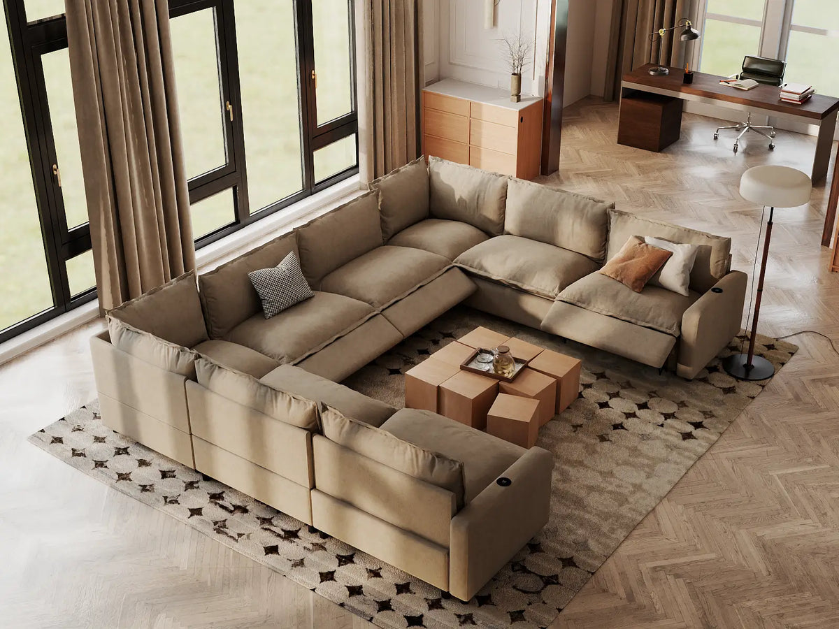 Modular Cero Reclining Sectionals | 8-Piece Khaki Linen Open Space U-Shaped Sectionals 8-Seater