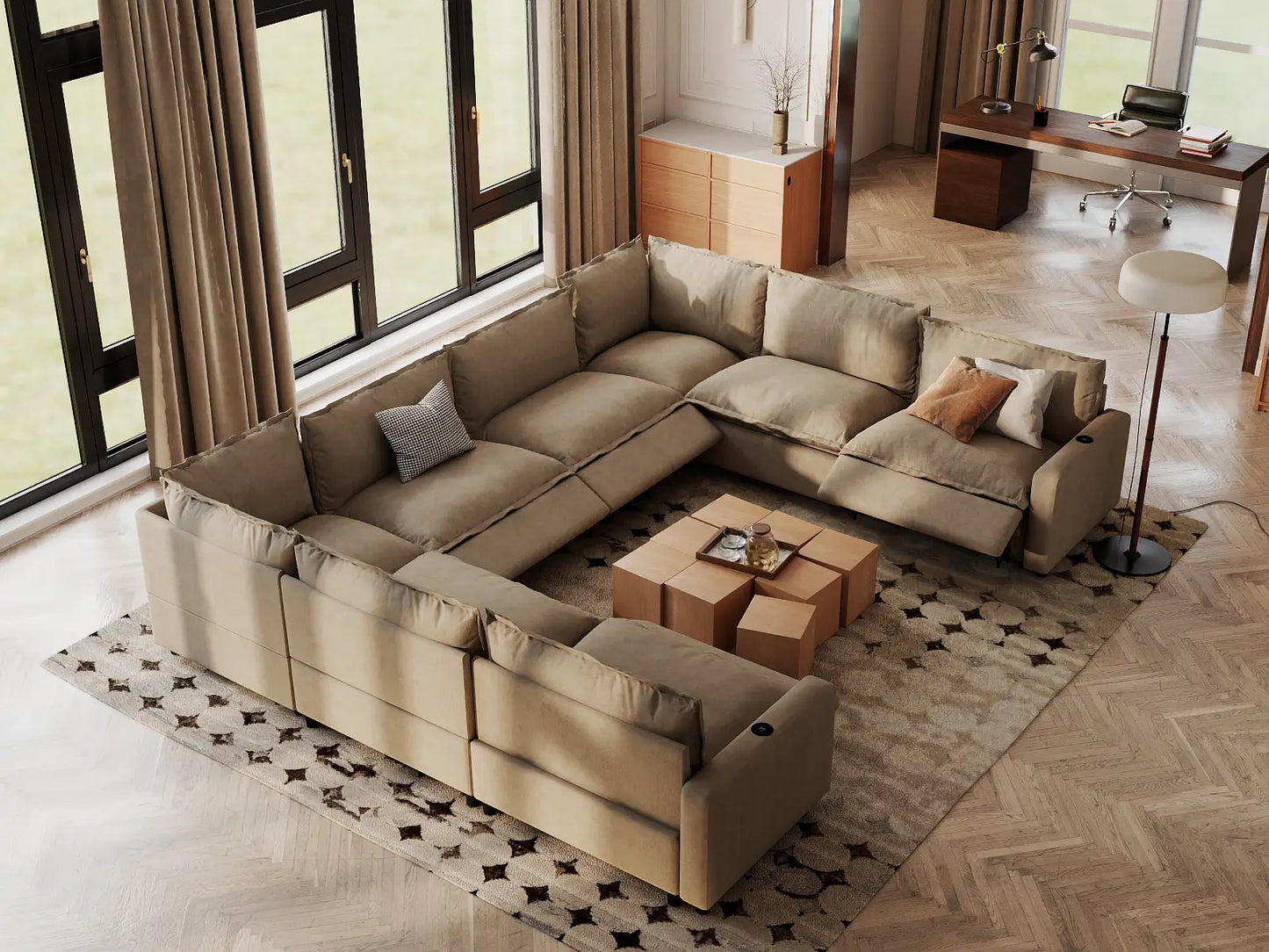 Modular Cero Reclining Sectionals | 8-Piece Khaki Linen Open Space U-Shaped Sectionals 8-Seater