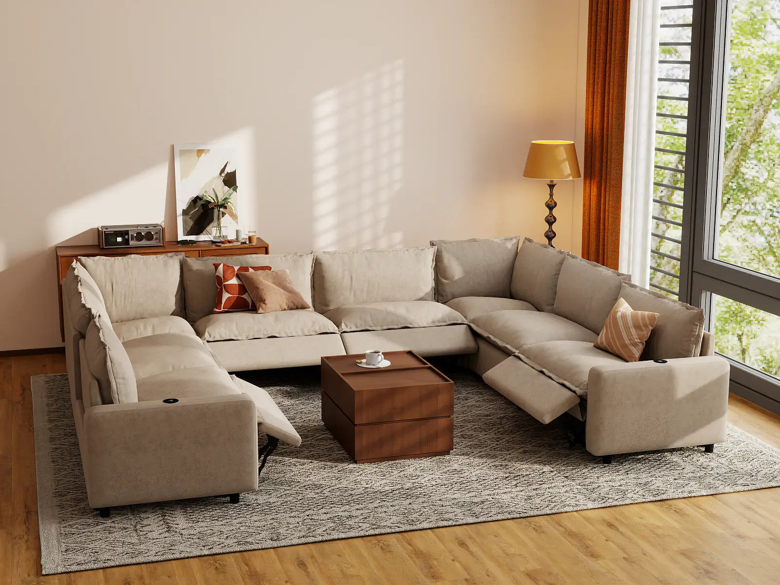 Modular Cero U Shaped Sectional Recliner | 8-Piece Khaki Linen Open Space U-Shaped Sectionals 8-Seater