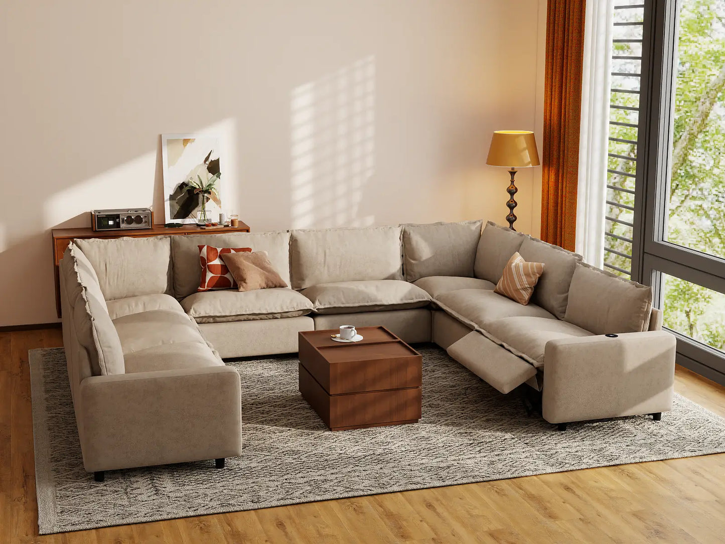 Modular Cero U Shaped Reclining Sectional | 8-Piece Khaki Linen Open Space U-Shaped Sectionals 8-Seater