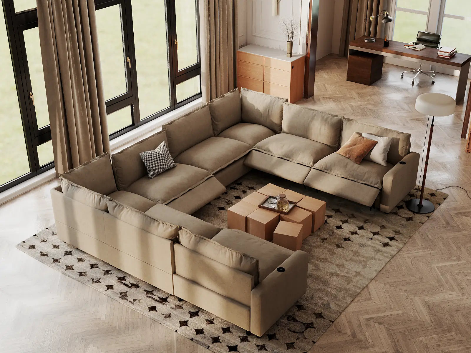 Modular Cero U Shaped Sectional Recliner | 8-Piece Khaki Linen Open Space U-Shaped Sectionals 8-Seater