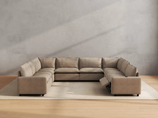 Modular Cero Reclining Sectionals | 8-Piece Khaki Linen Open Space U-Shaped Sectionals 8-Seater