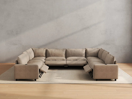 Modular Cero Reclining Sectionals | 8-Piece Khaki Linen Open Space U-Shaped Sectionals 8-Seater