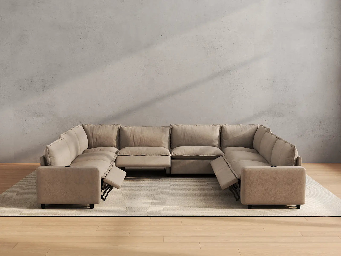 Modular Cero U Shaped Sectional Recliner | 8-Piece Khaki Linen Open Space U-Shaped Sectionals 8-Seater